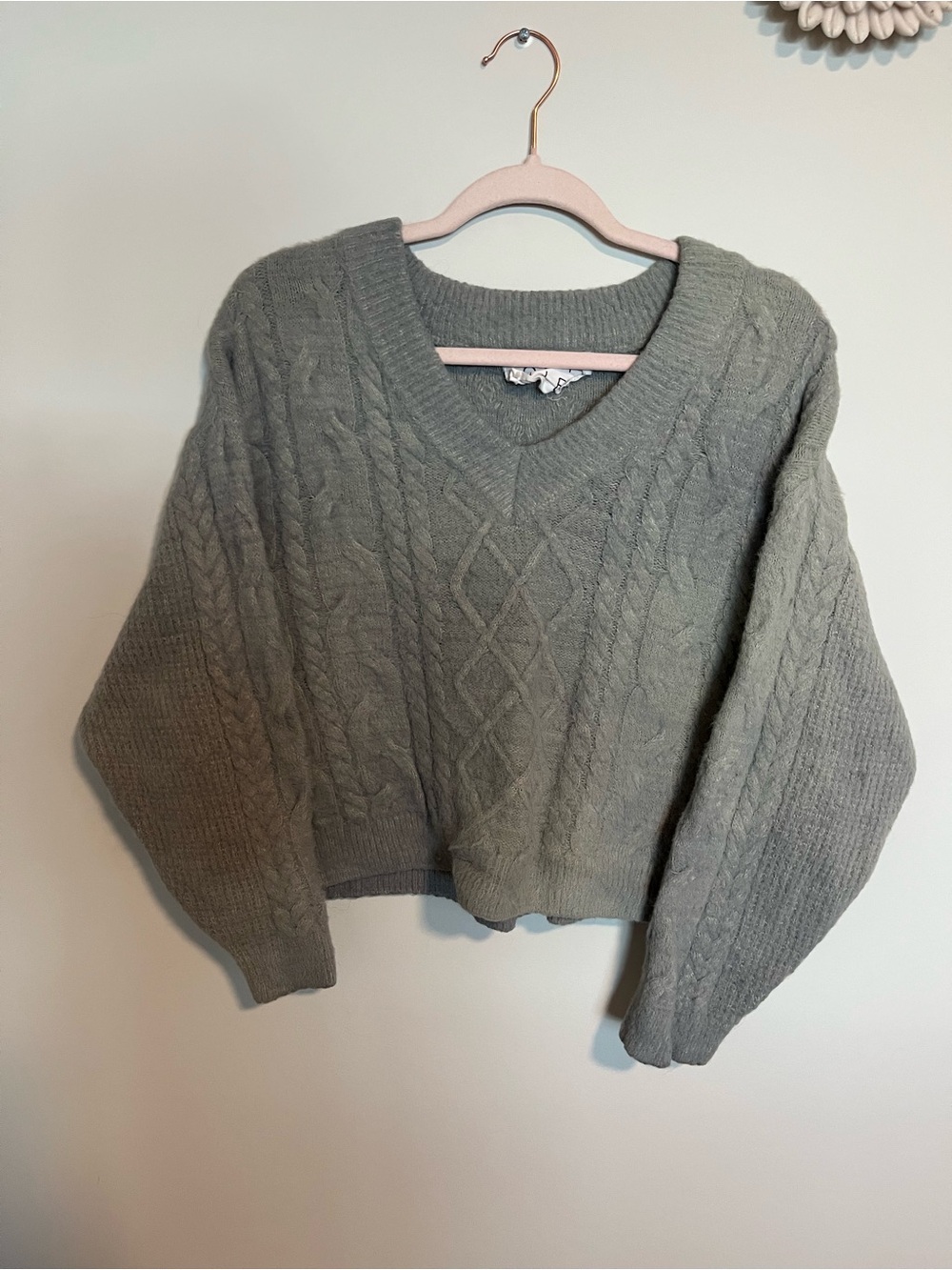 Cable-Knit V-Neck Sweater in Sage Green